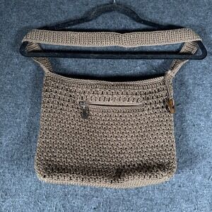 The Sak Crochet Shoulder Bag Taupe Brown Woven Zip Handbag Wood Bead Logo